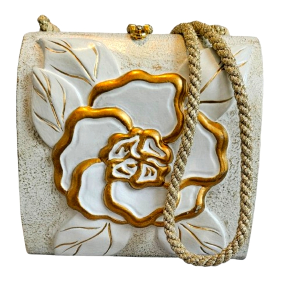 Timmy Woods Beverly Hills Collection handmade wooden Golden Floral crossbody bag